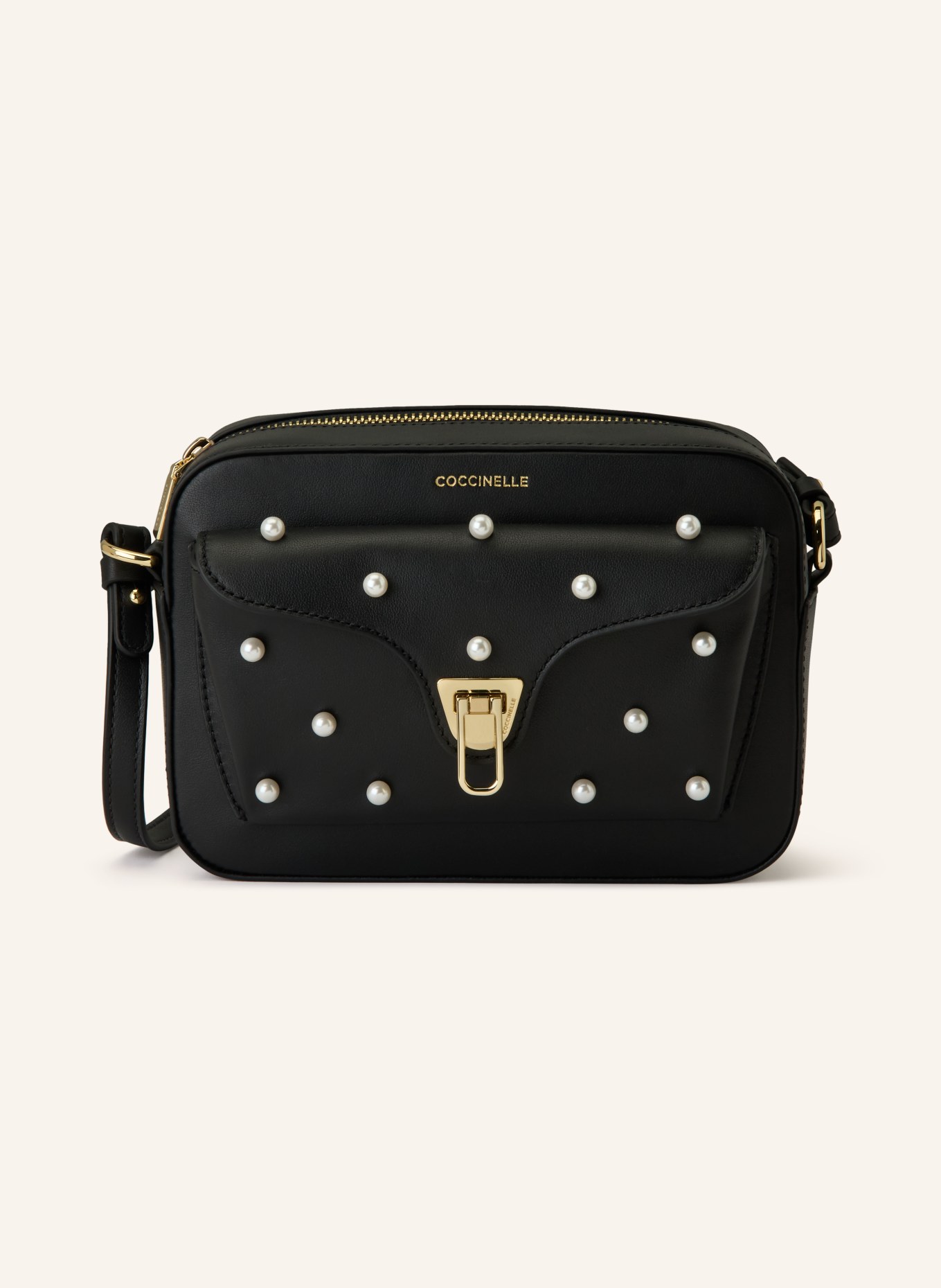 COCCINELLE BEAT shoulder bag with decorative beads: BLACK / GOLD