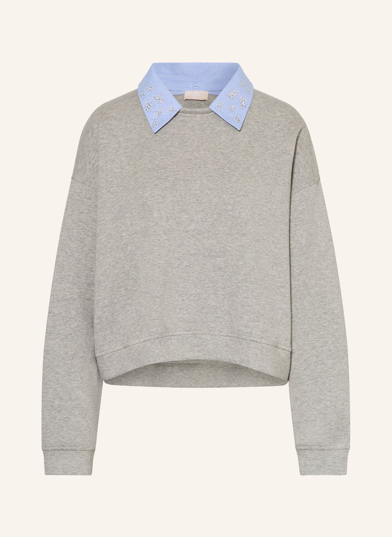 LIU JO Sweatshirt with detachable collar and gemstones: GRAY / LIGHT BLUE