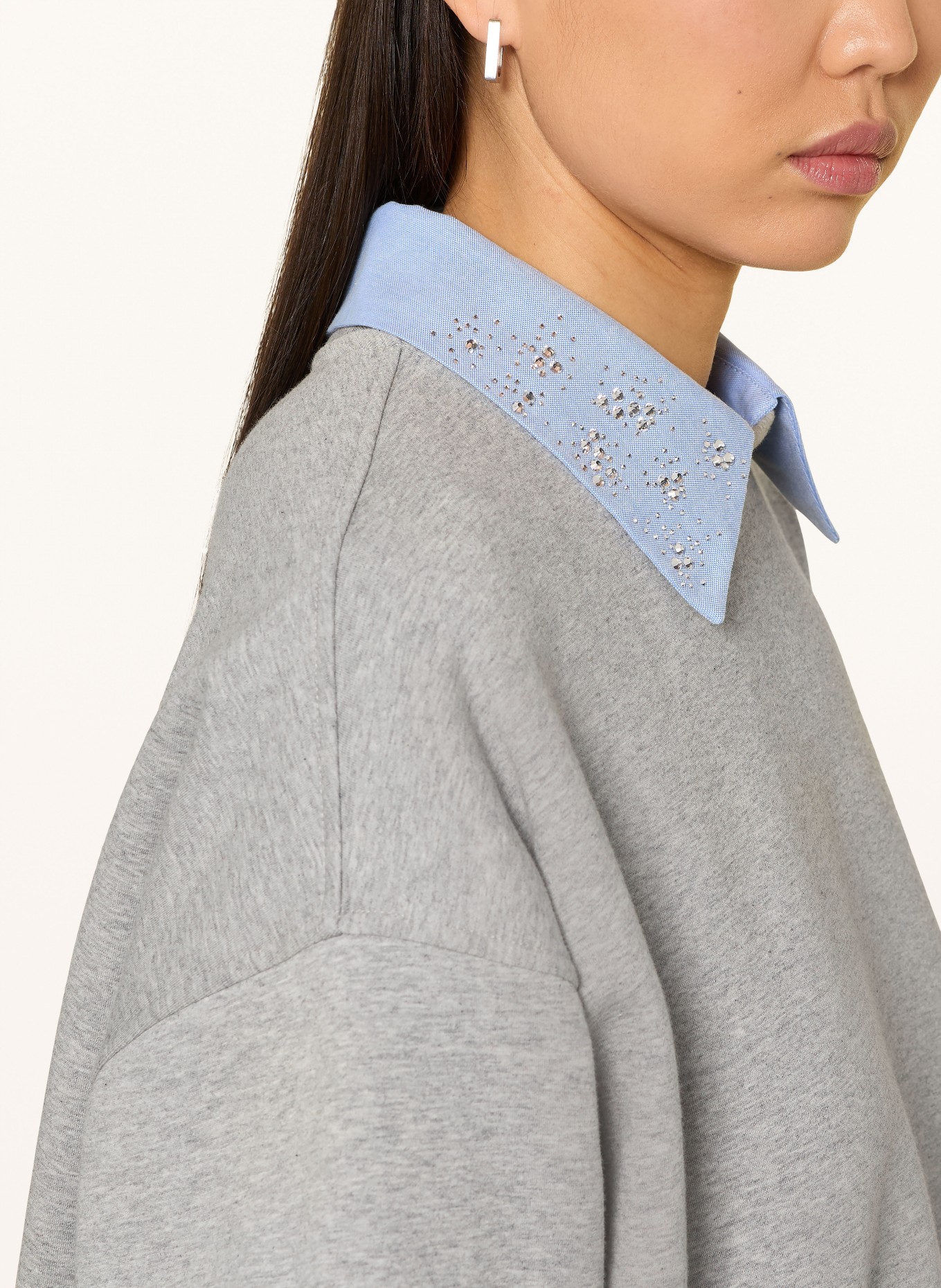 LIU JO Sweatshirt with detachable collar and gemstones: GRAY / LIGHT BLUE