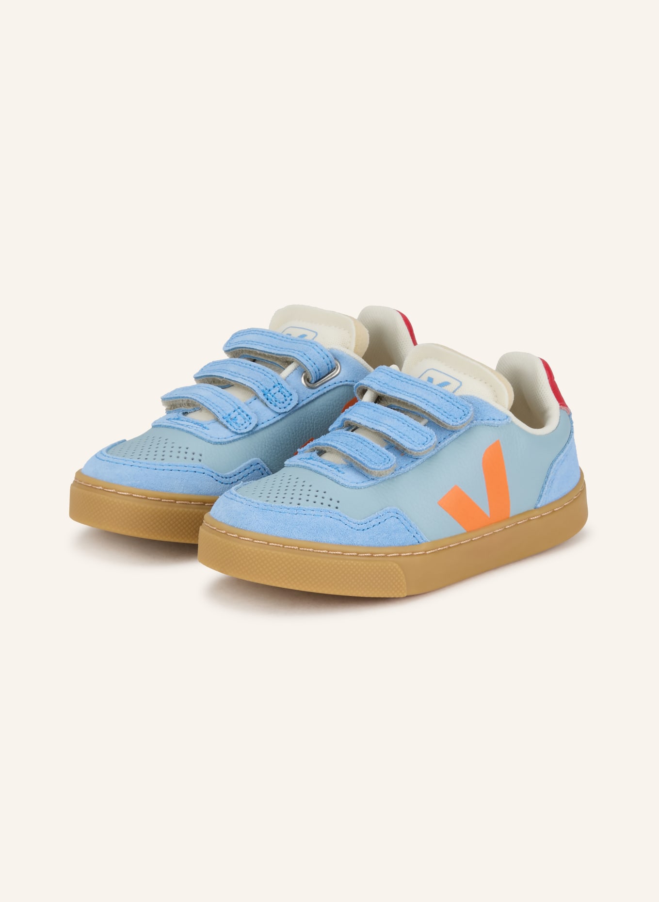 VEJA Sneaker V-90: HELLBLAU / ROT / ORANGE