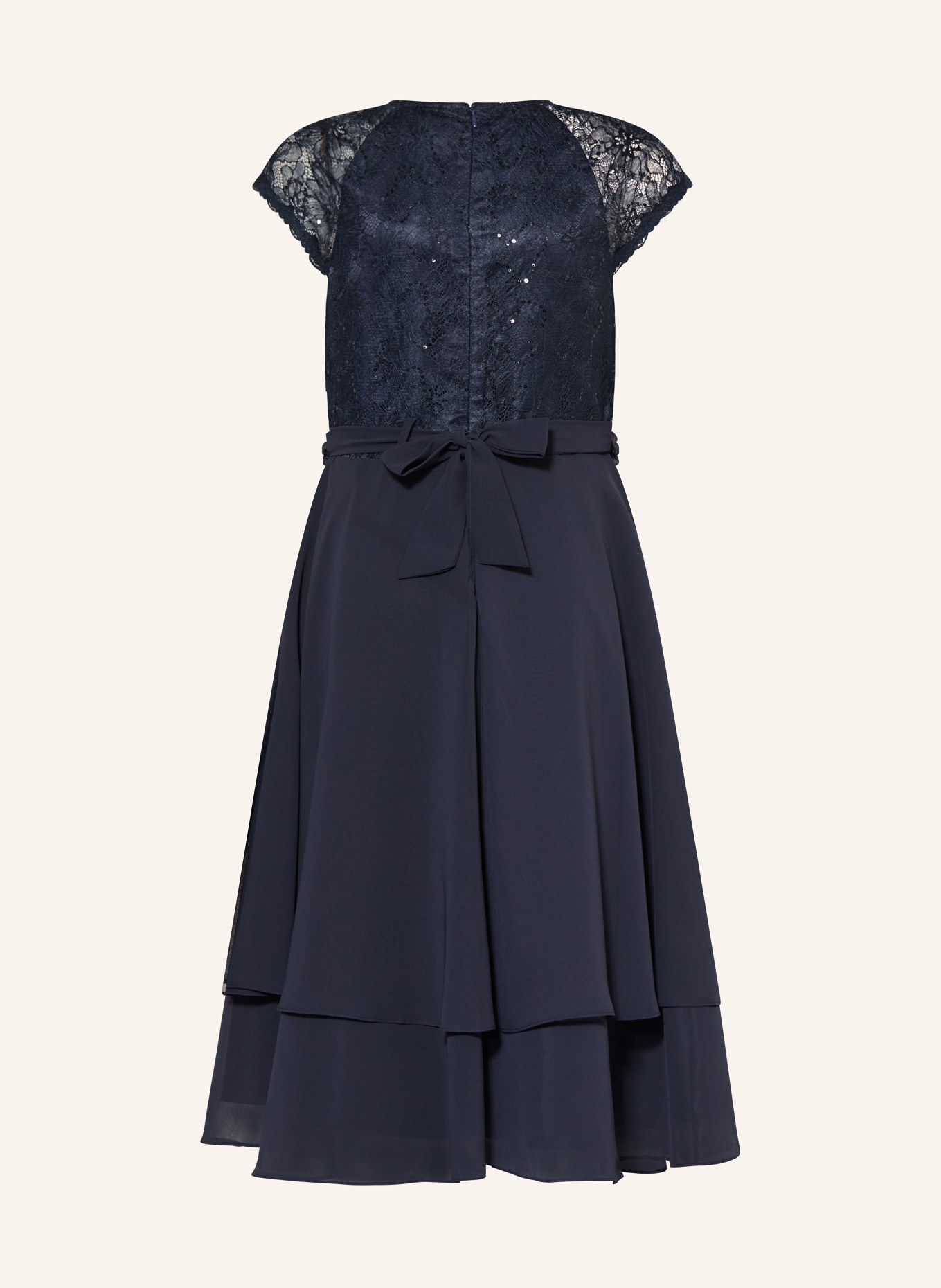 DANAMADE Koktejlové šaty z kombinace materiálů s flitry a ozdobnými perličkami: TMAVĚ MODRÁ
