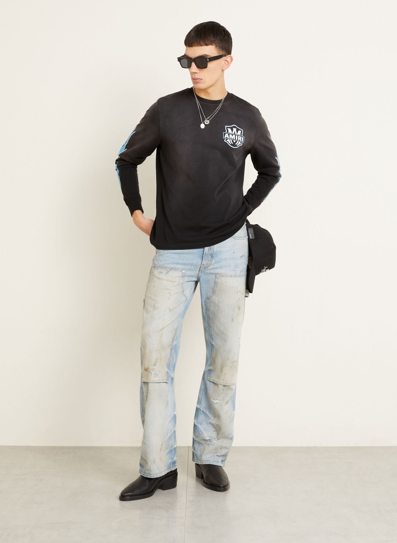 AMIRI Koszulka z długim rękawem: CZARNY / JASKRAWY NIEBIESKI