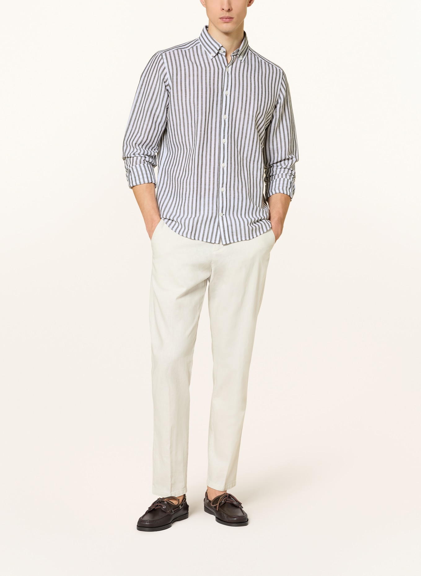 STROKESMAN'S Regular fit shirt with linen: OLIVE / WHITE