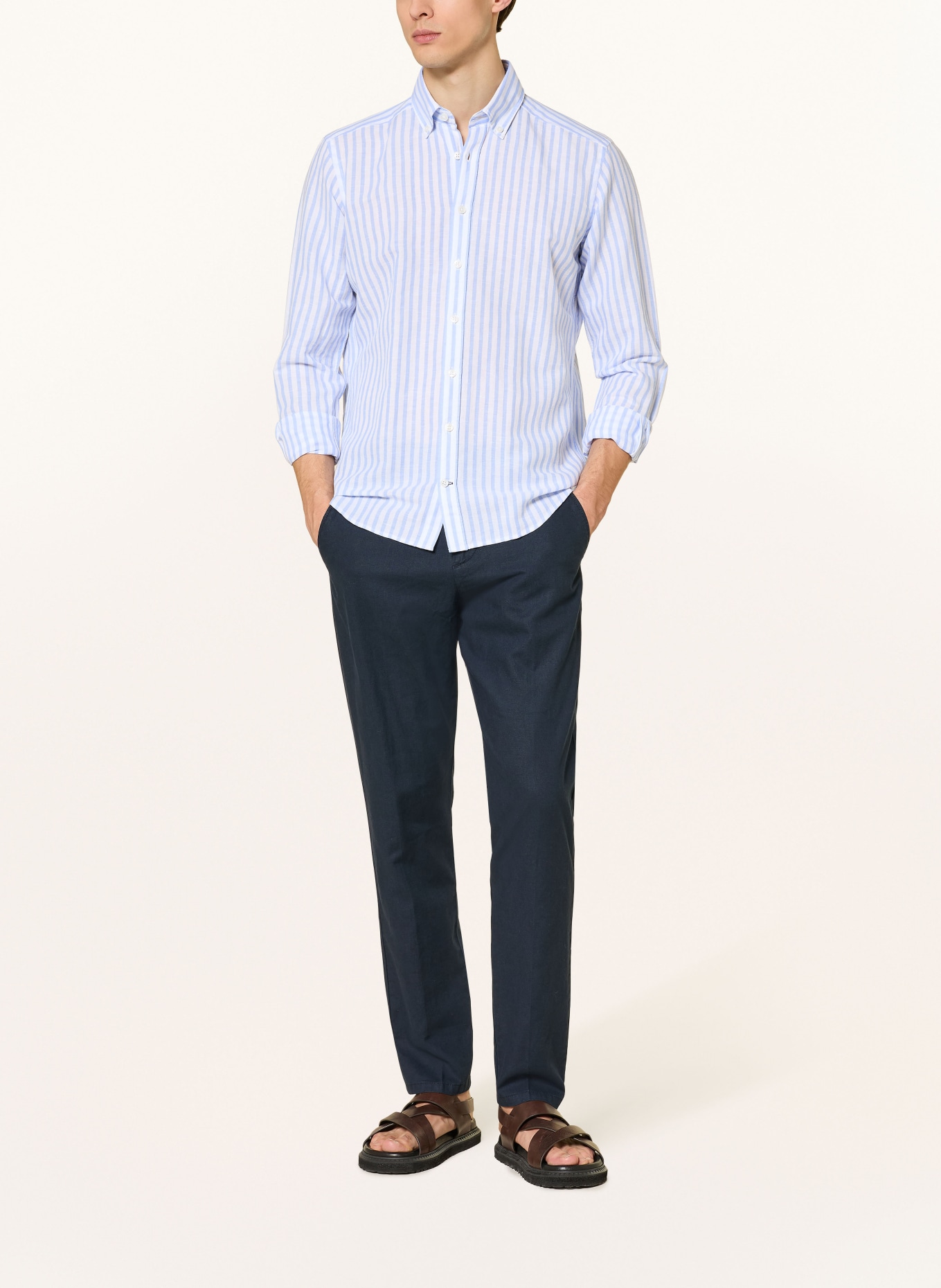 STROKESMAN'S Regular fit shirt with linen: WHITE / LIGHT BLUE