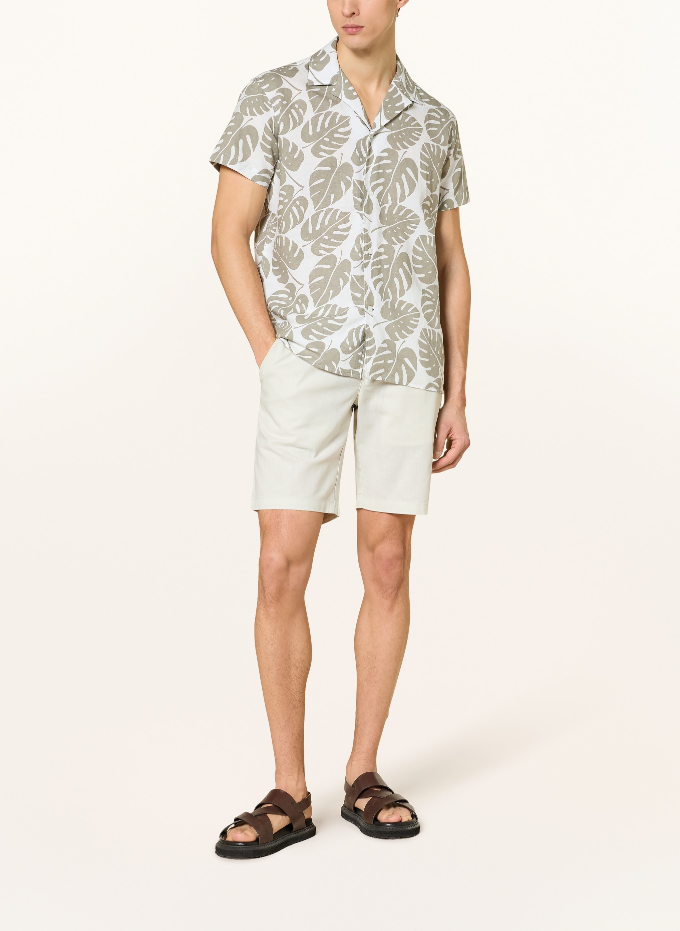 STROKESMAN'S Resorthemd Comfort Fit mit Leinen: CREME / KHAKI