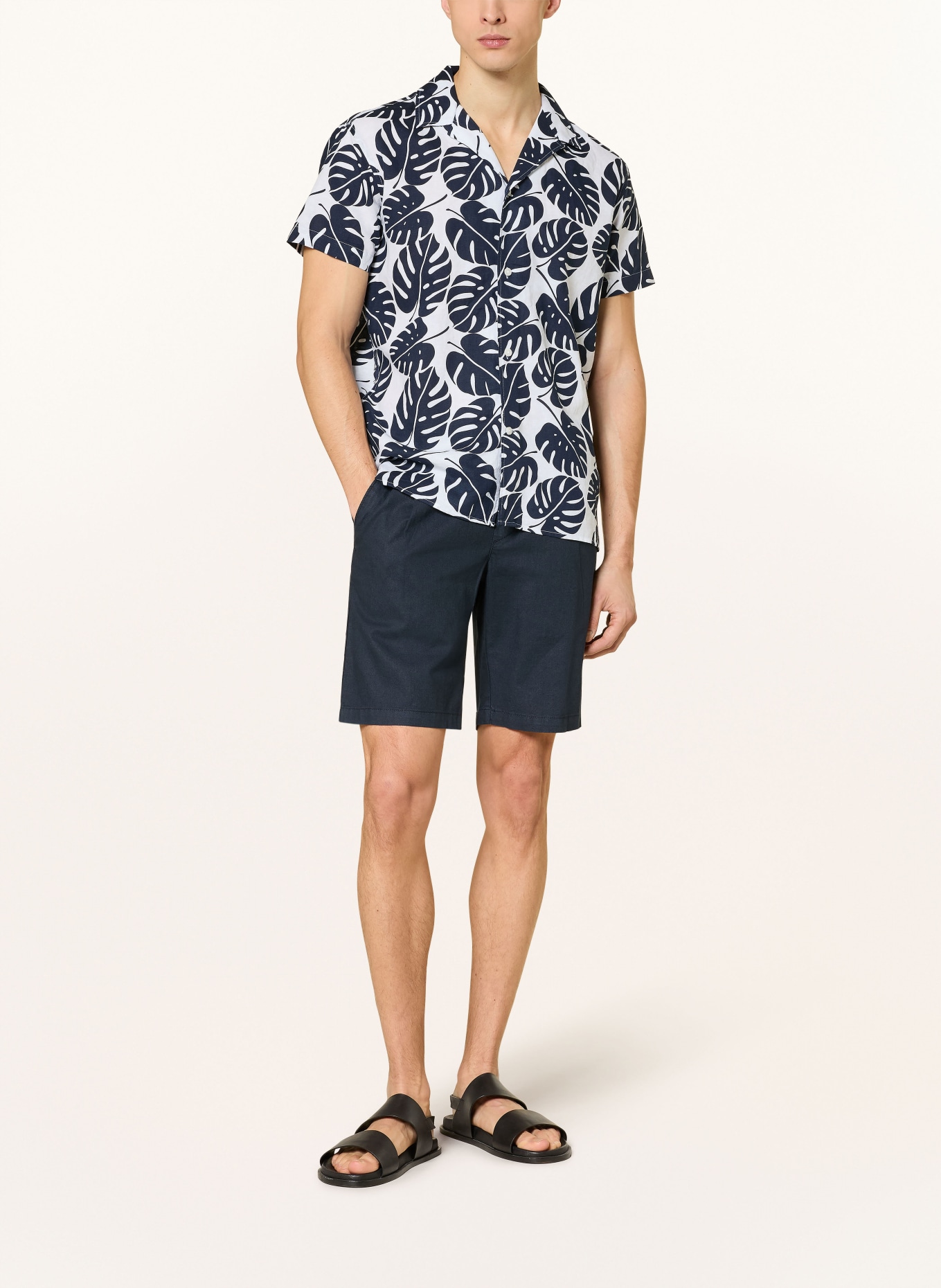 STROKESMAN'S Resorthemd Comfort Fit mit Leinen: DUNKELBLAU / WEISS