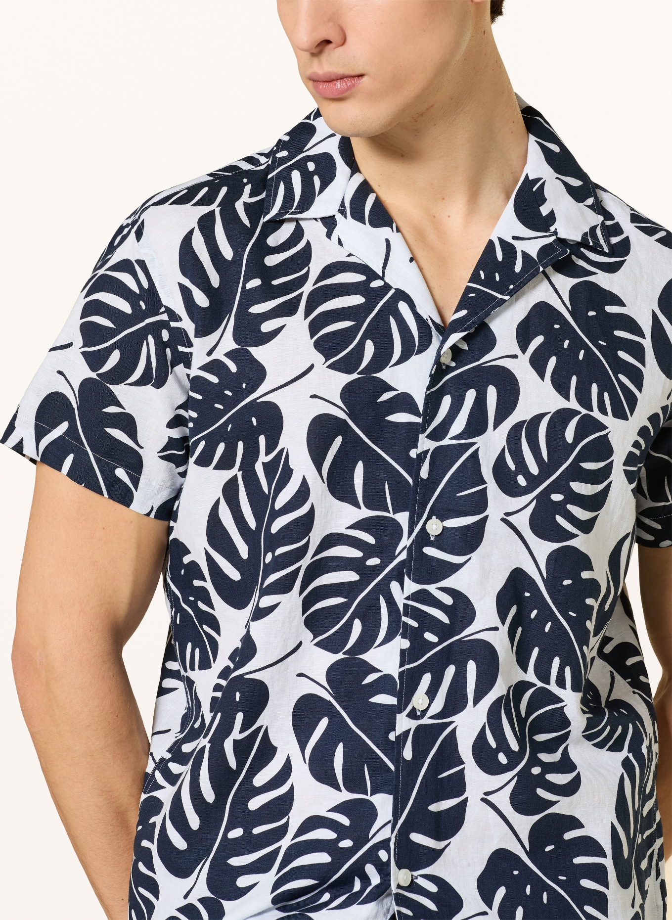 STROKESMAN'S Resorthemd Comfort Fit mit Leinen: DUNKELBLAU / WEISS