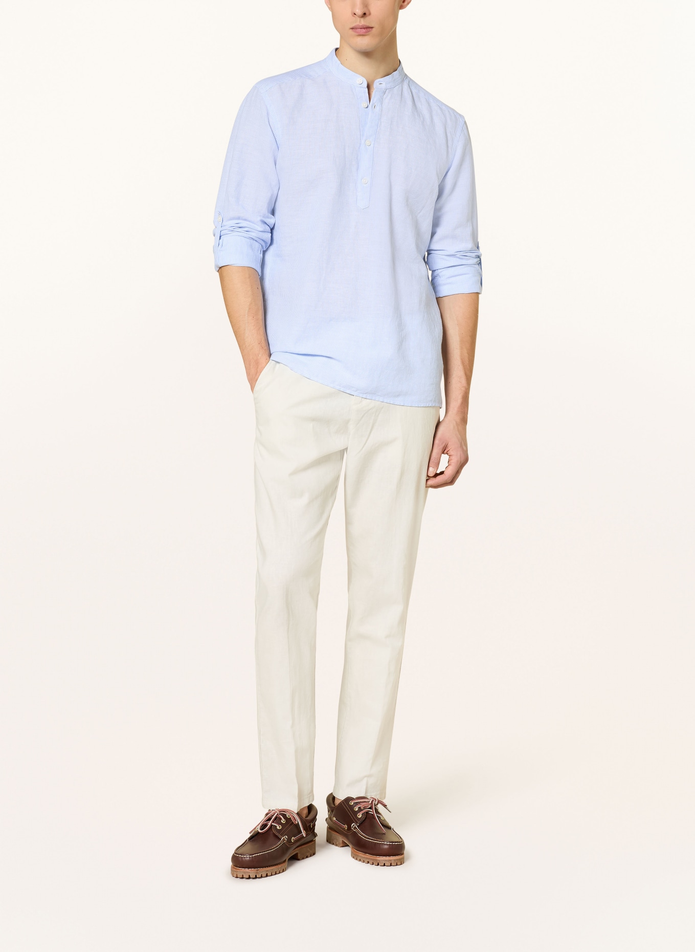 STROKESMAN'S Hemd Regular Fit mit Leinen und Stehkragen: HELLBLAU / WEISS