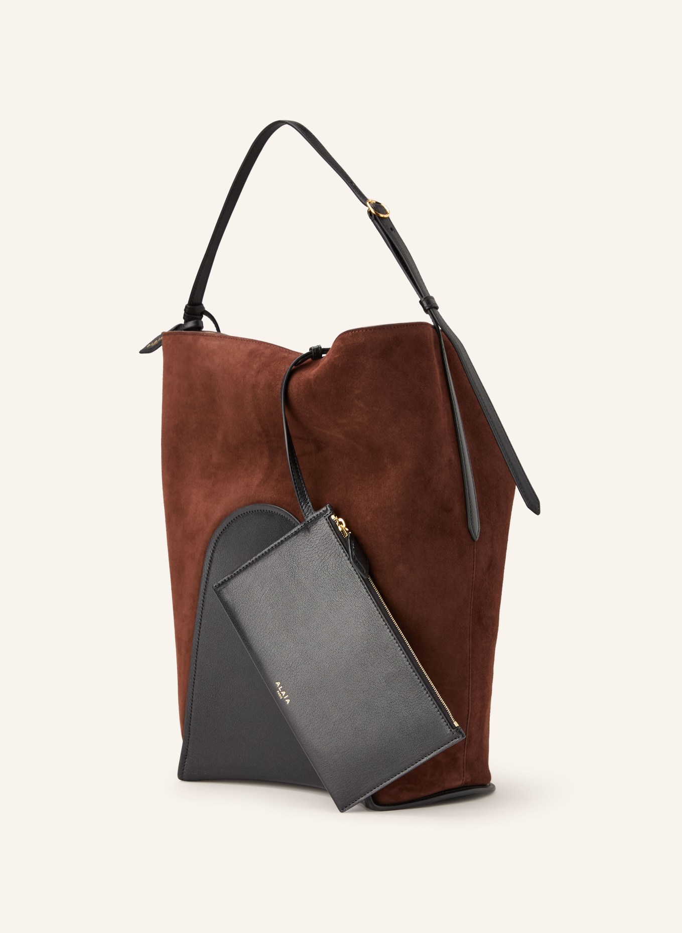 ALAÏA Taška přes rameno BUCKET s pouzdrem: TMAVĚ HNĚDÁ / ČERNÁ