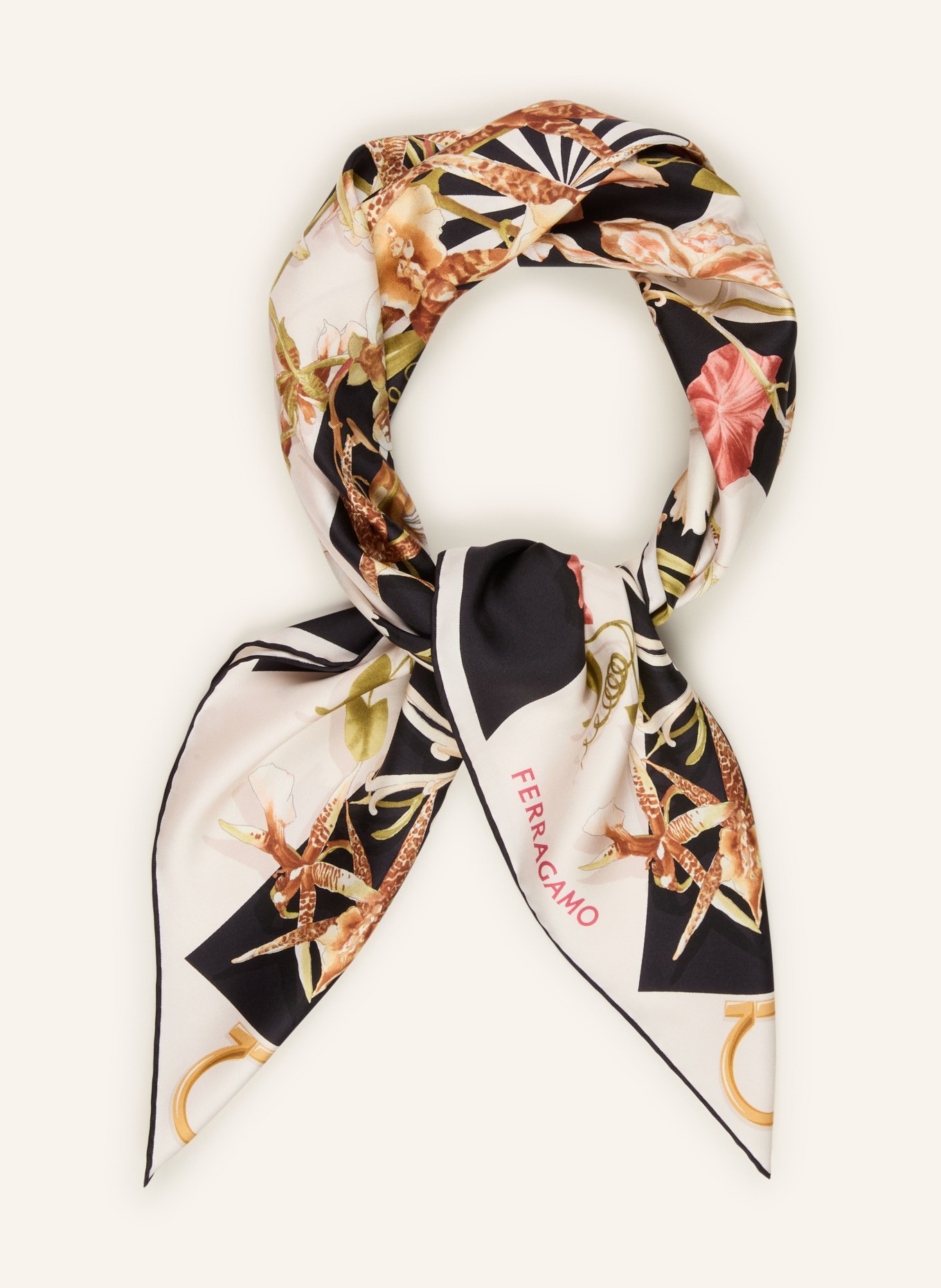FERRAGAMO Seidentuch: CREME / GOLD / SCHWARZ