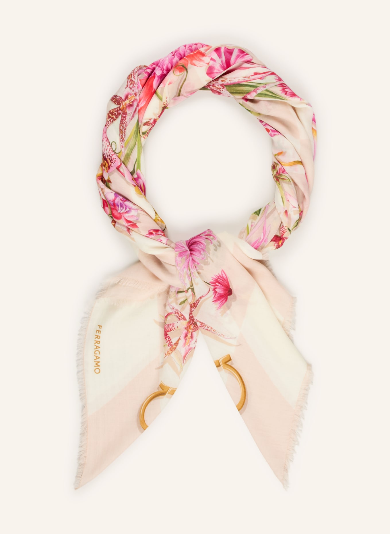 FERRAGAMO Schal: HELLBRAUN / PINK / GRÜN
