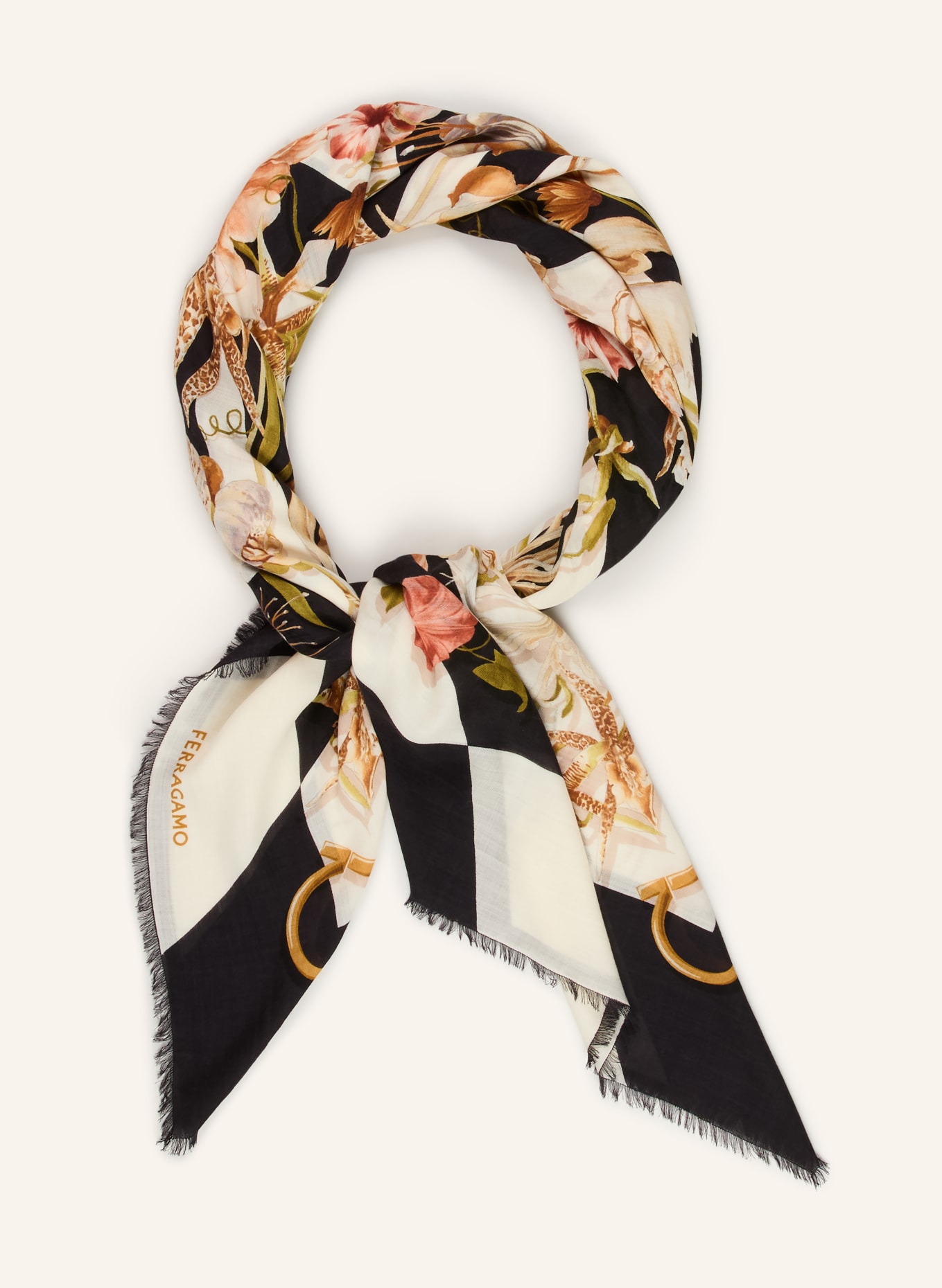 FERRAGAMO Schal: CREME / GOLD / SCHWARZ