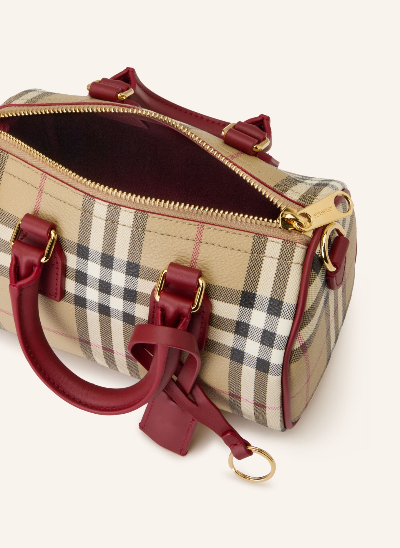 BURBERRY handbag: BEIGE / DARK RED / BLACK