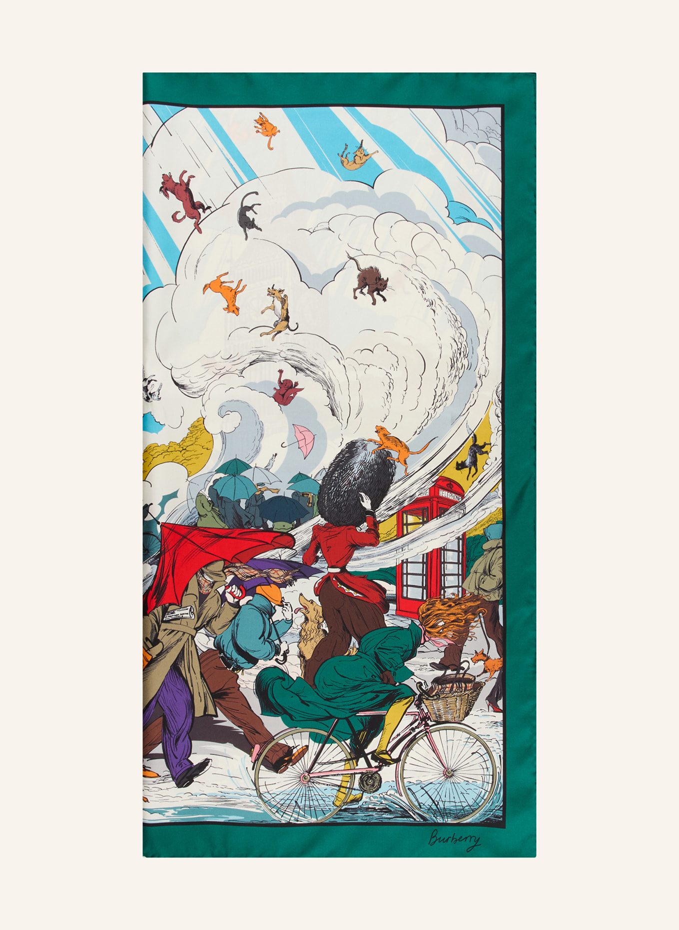 BURBERRY Hedvábný šátek CATS AND DOGS: ZELENÁ / ČERVENÁ / MODRÁ