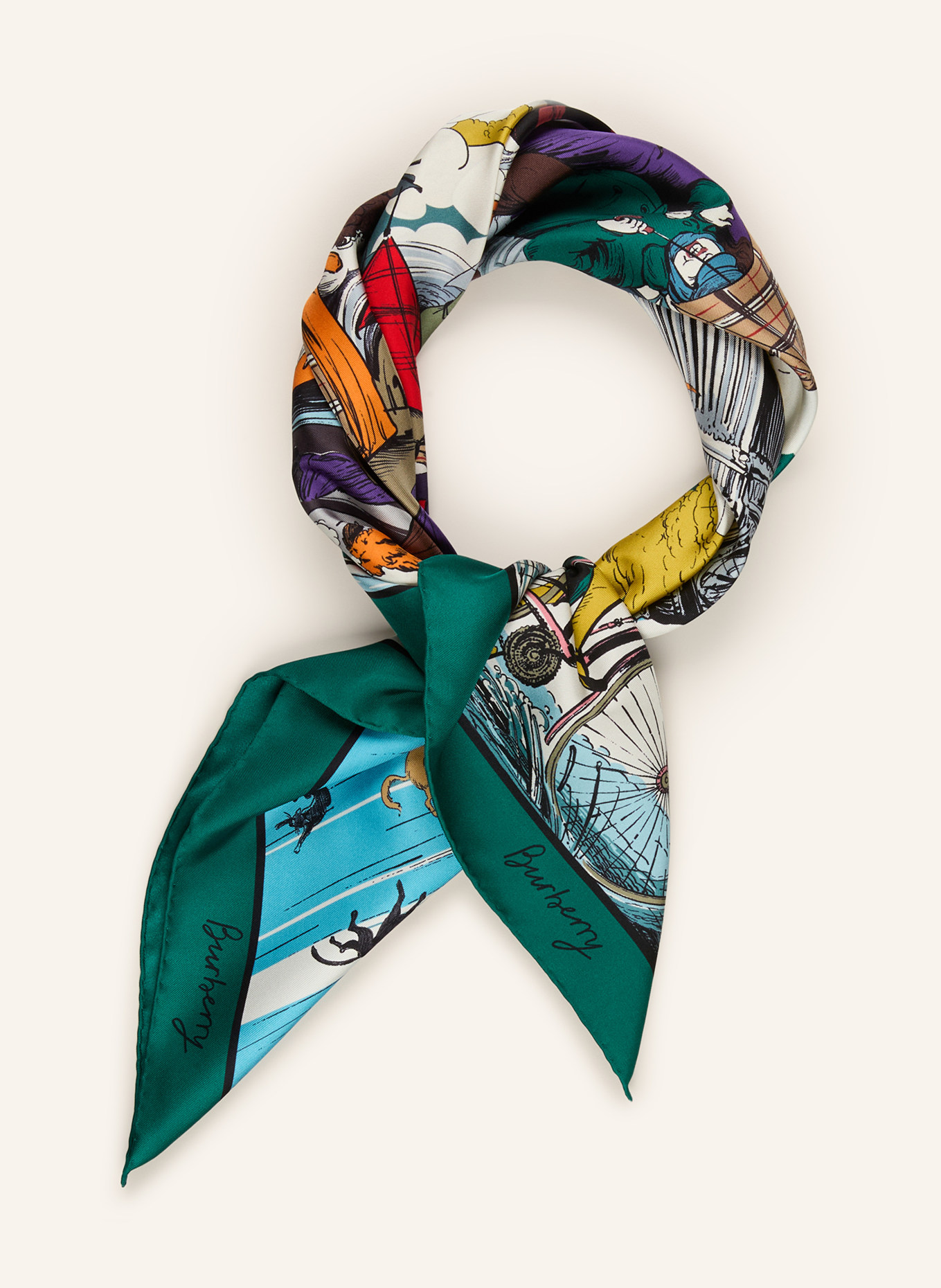 BURBERRY Hedvábný šátek CATS AND DOGS: ZELENÁ / ČERVENÁ / MODRÁ