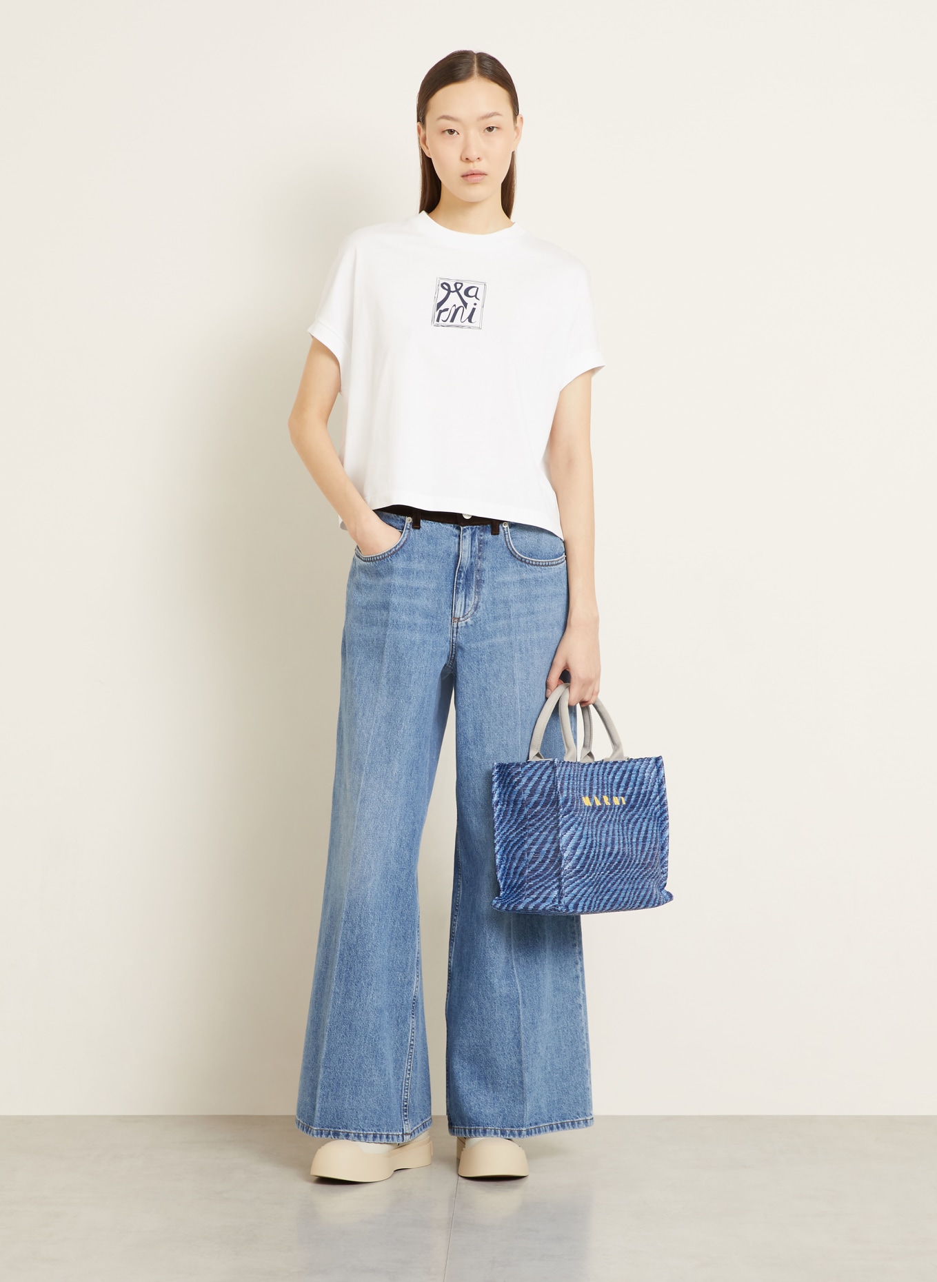 MARNI Nákupní taška SMALL: MODRÁ / TMAVĚ MODRÁ / BÍLÁ