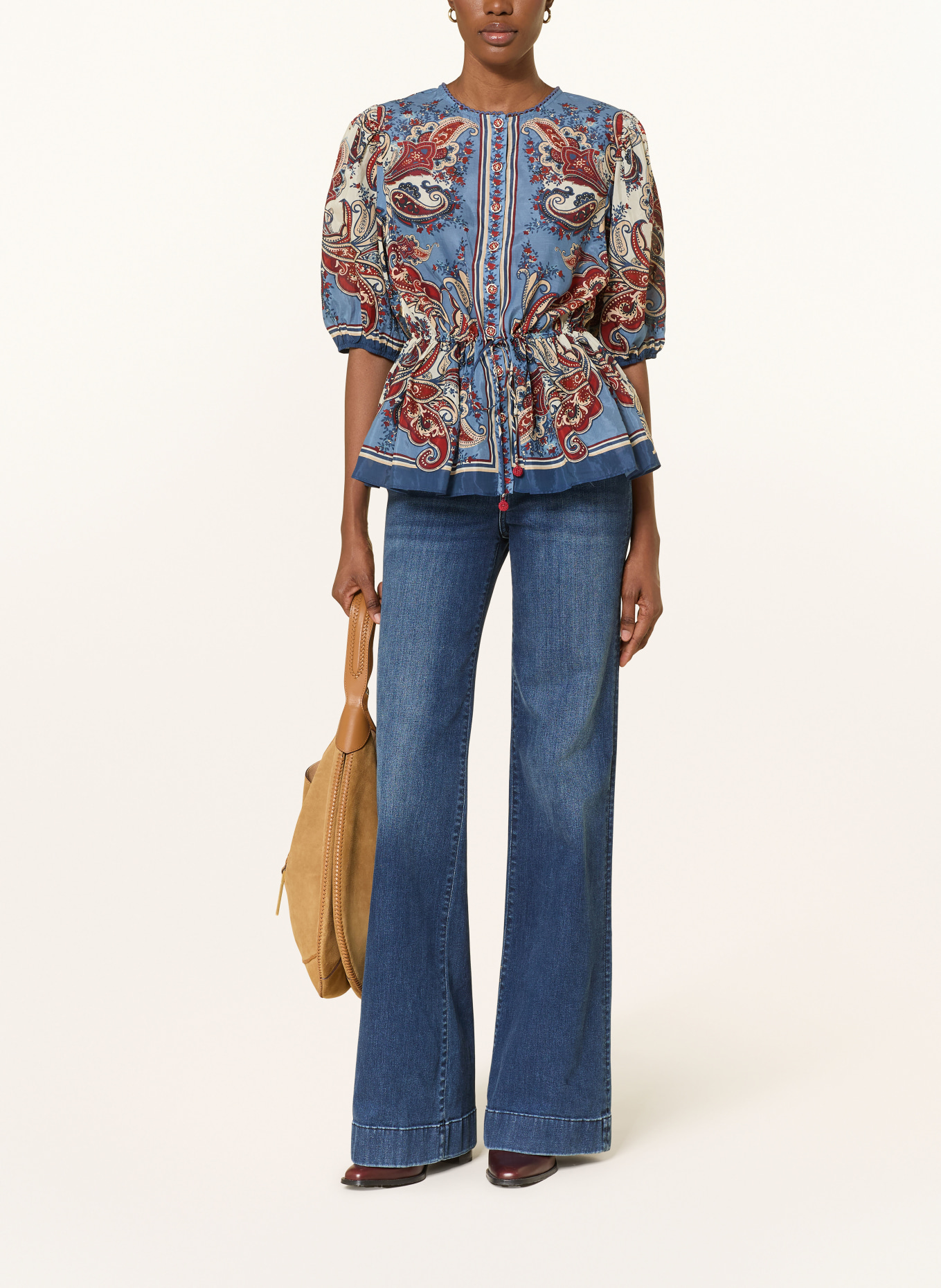 FARM RIO Blouse shirt with ruffles: BLUE / CREAM / DARK RED