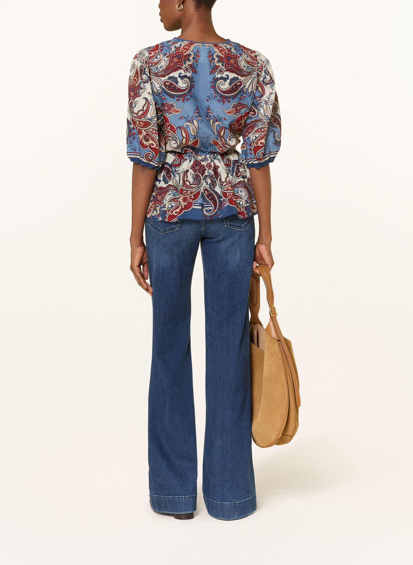 FARM RIO Blouse shirt with ruffles: BLUE / CREAM / DARK RED