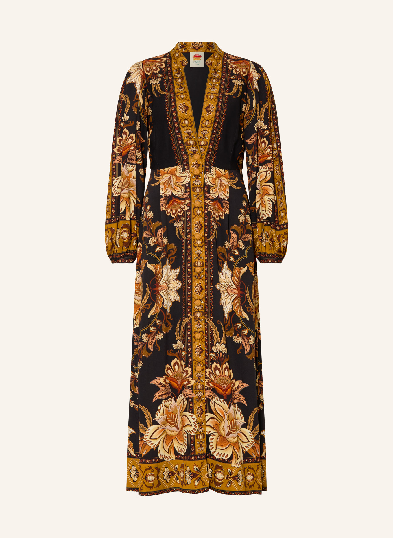 FARM RIO MAJESTIC GARDEN dress: BLACK / COGNAC / BROWN
