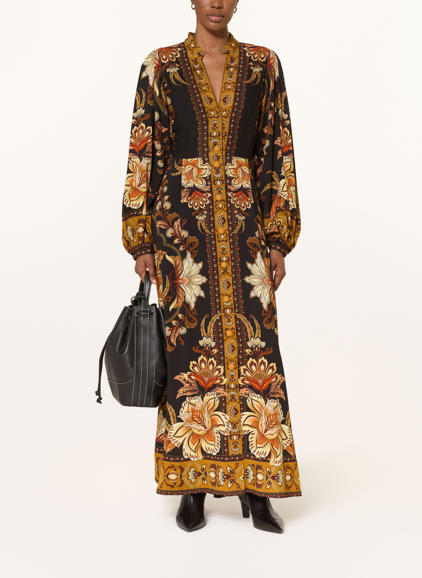 FARM RIO MAJESTIC GARDEN dress: BLACK / COGNAC / BROWN