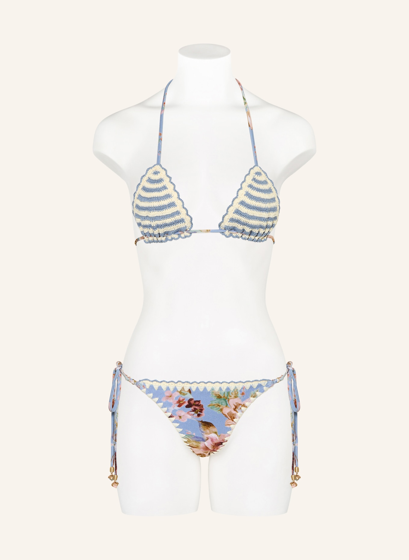 ZIMMERMANN Bas de bikini triangle AWAKEN avec perles décoratives: BLEU GRIS / VIEUX ROSE / ÉCRU