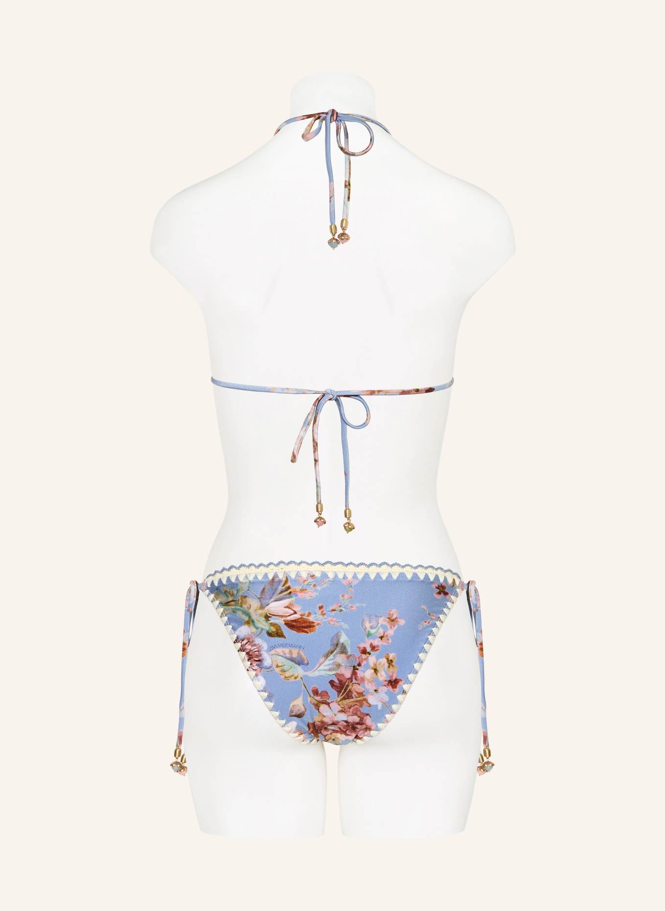 ZIMMERMANN Bas de bikini triangle AWAKEN avec perles décoratives: BLEU GRIS / VIEUX ROSE / ÉCRU