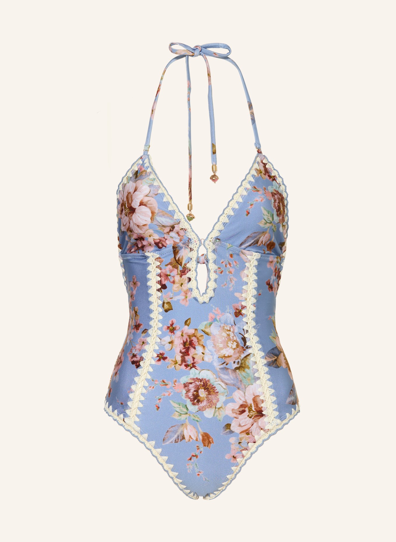 ZIMMERMANN AWAKEN halter neck swimsuit: BLUE GRAY / DUSKY PINK / WHITE