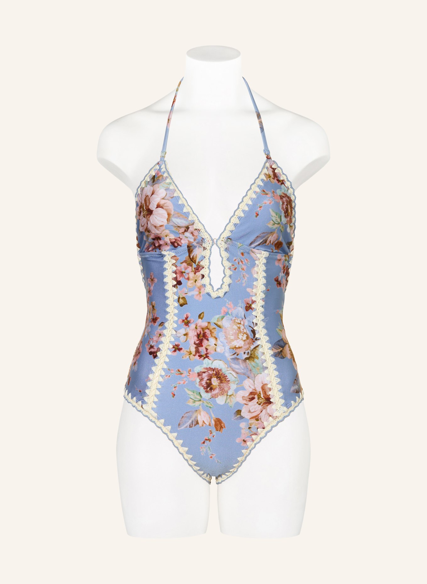 ZIMMERMANN AWAKEN halter neck swimsuit: BLUE GRAY / DUSKY PINK / WHITE