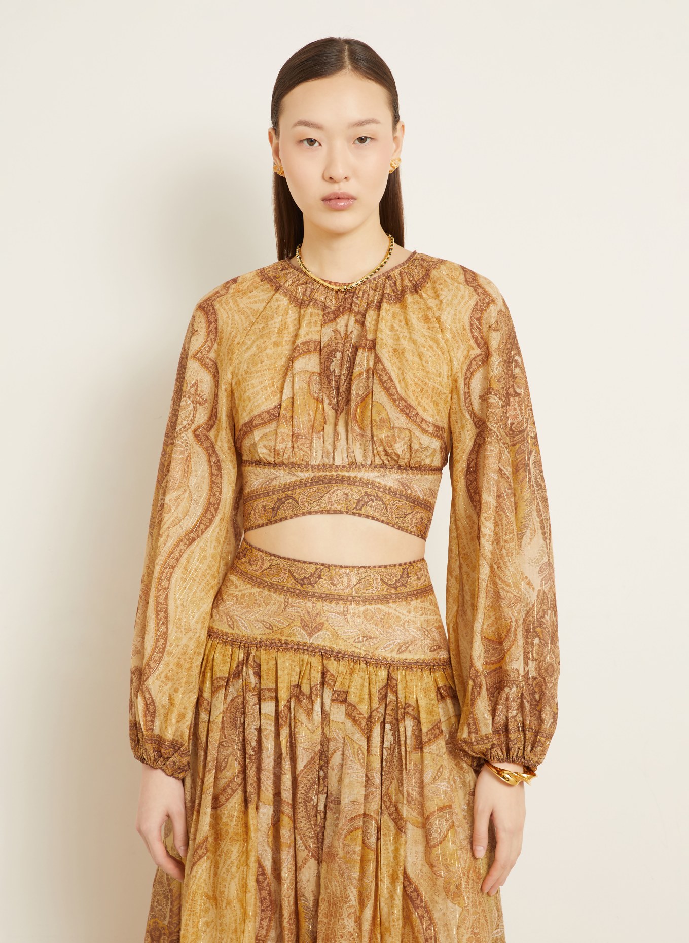 ZIMMERMANN Krátká halenka WANDERLUST s třpytivou nití: TMAVĚ ŽLUTÁ / HNĚDÁ / TMAVĚ ORANŽOVÁ