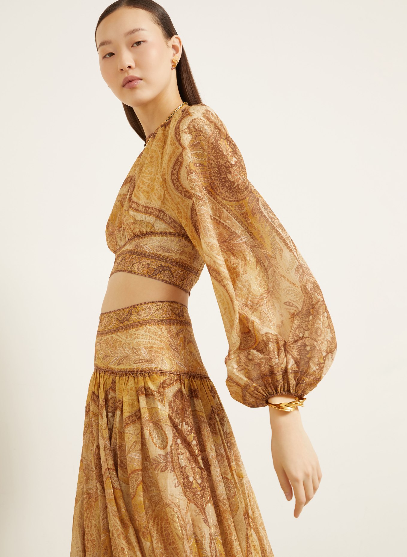 ZIMMERMANN Krátká halenka WANDERLUST s třpytivou nití: TMAVĚ ŽLUTÁ / HNĚDÁ / TMAVĚ ORANŽOVÁ