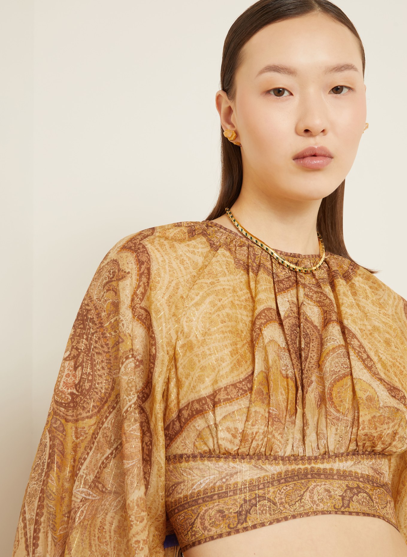 ZIMMERMANN Krátká halenka WANDERLUST s třpytivou nití: TMAVĚ ŽLUTÁ / HNĚDÁ / TMAVĚ ORANŽOVÁ