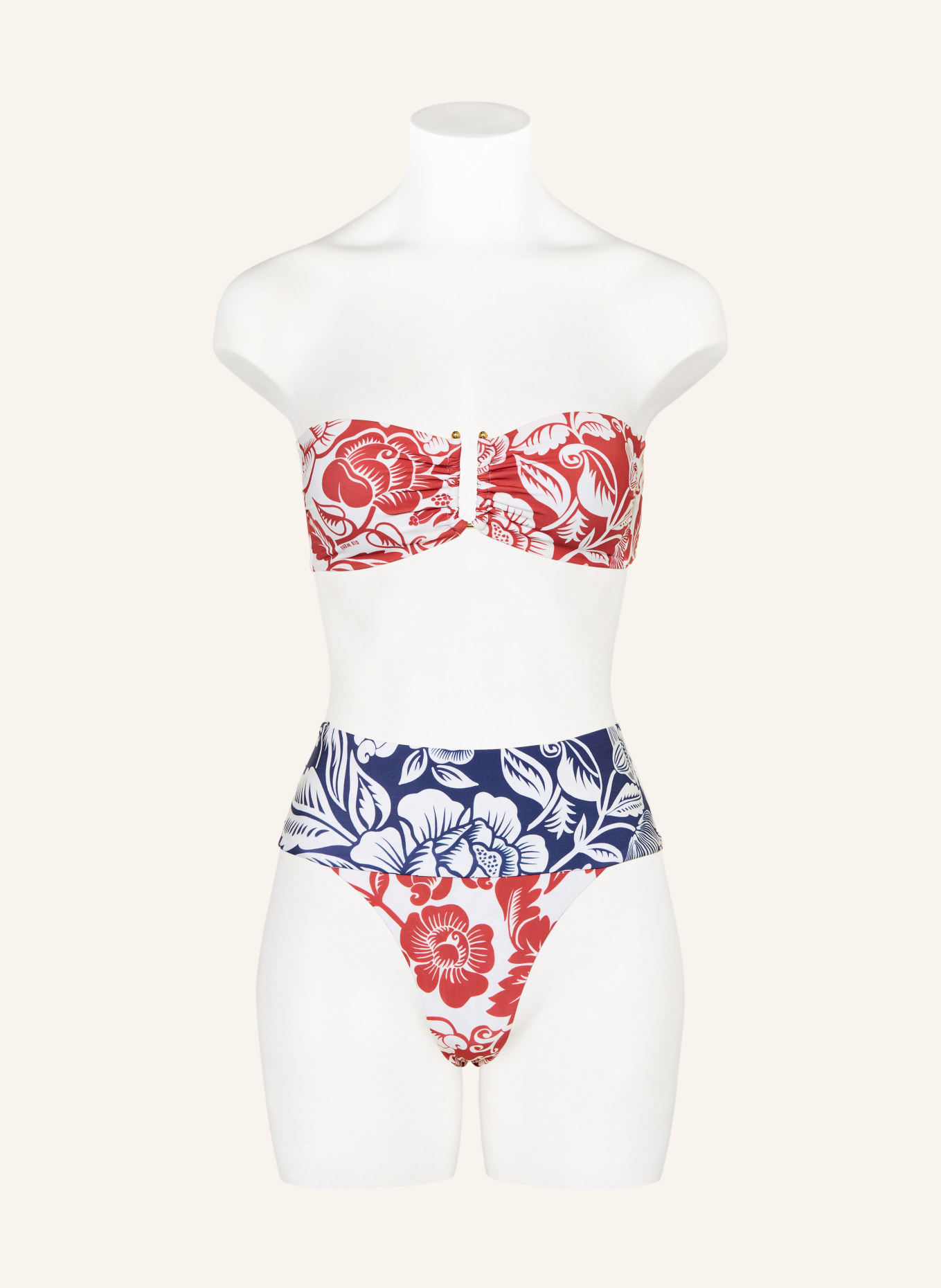 FARM RIO High-waisted bikini bottoms CASHEW AND BIRDS: WHITE / RED / BLUE