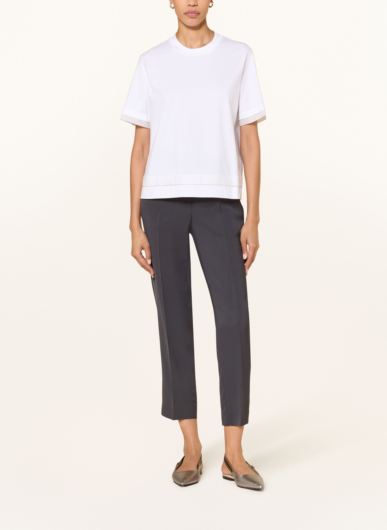 PESERICO T-Shirt mit Seide und Schmucksteinen: WEISS