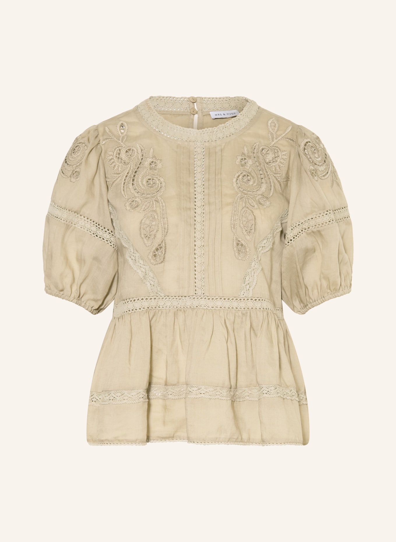 MRS & HUGS Blůza z krajky s otvory: OLIVOVÁ