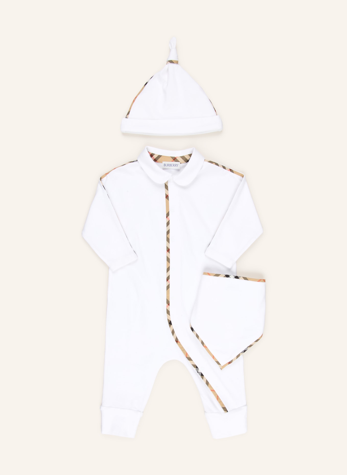 BURBERRY Set: Strampler, Mütze und Lätzchen: WEISS / BEIGE