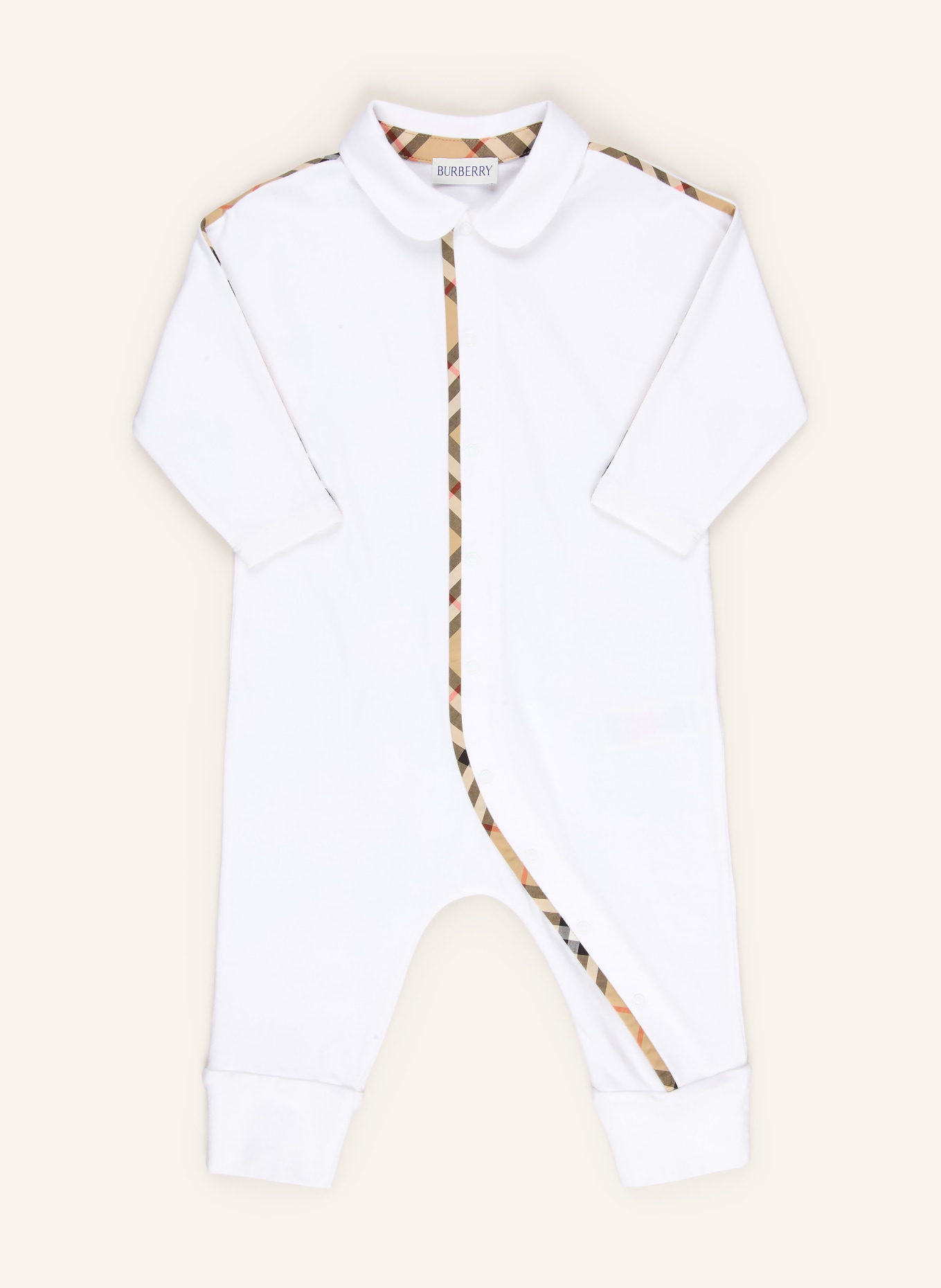 BURBERRY Set: Strampler, Mütze und Lätzchen: WEISS / BEIGE