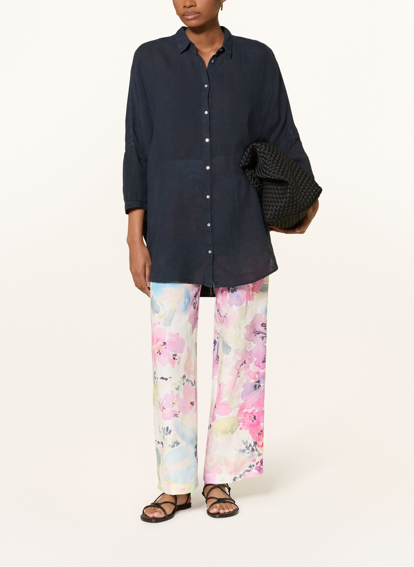 120%lino Bluzka z lnu z rękawami 3/4: GRANATOWY