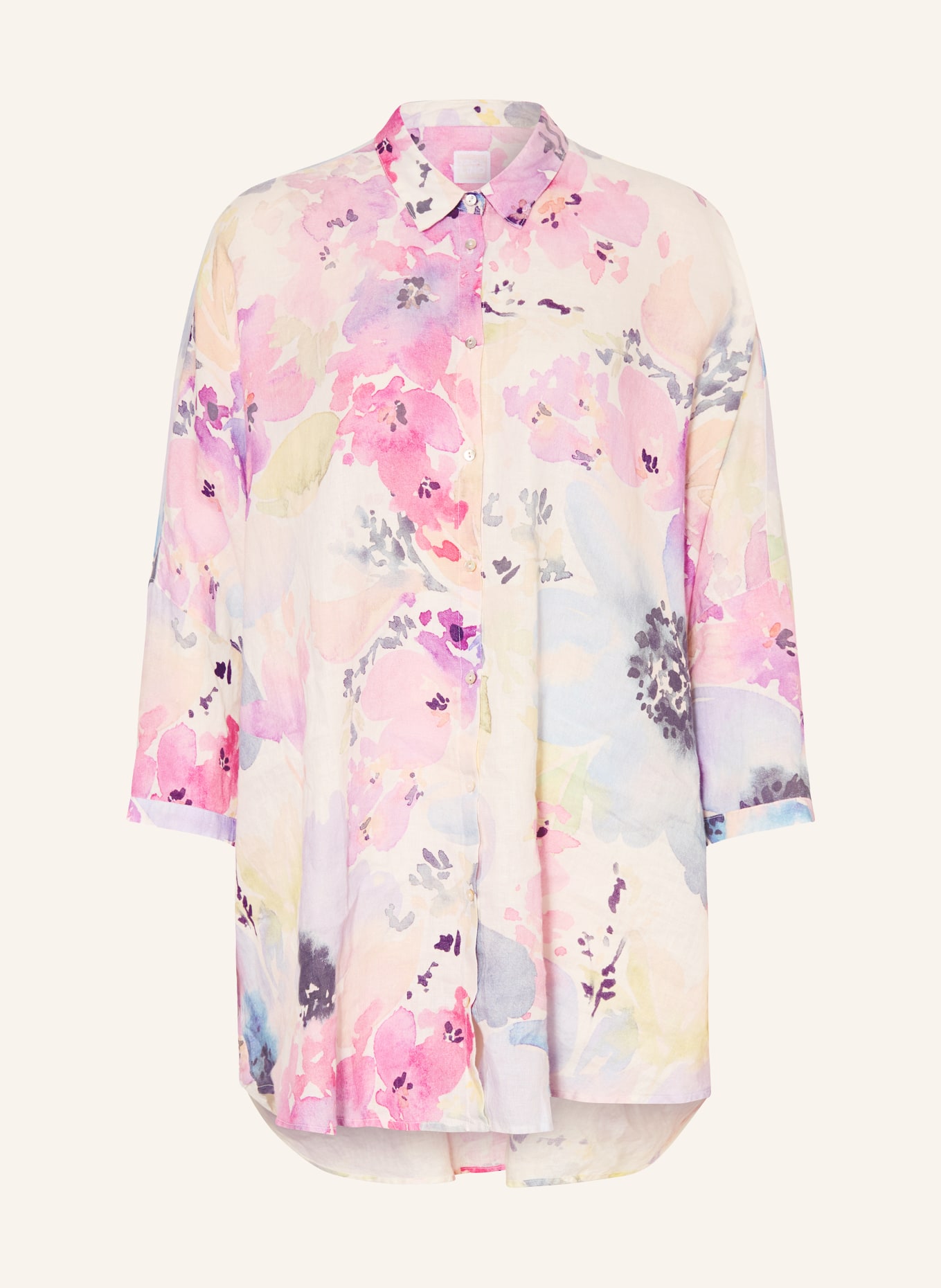 120%lino Linen shirt blouse with 3/4 sleeves: PINK / ECRU / BLUE
