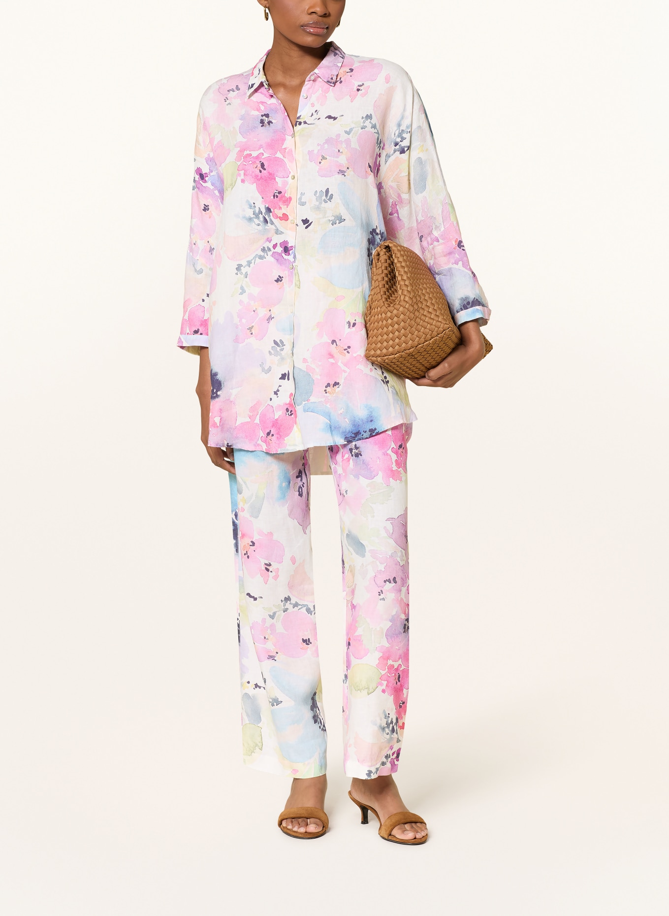 120%lino Linen shirt blouse with 3/4 sleeves: PINK / ECRU / BLUE