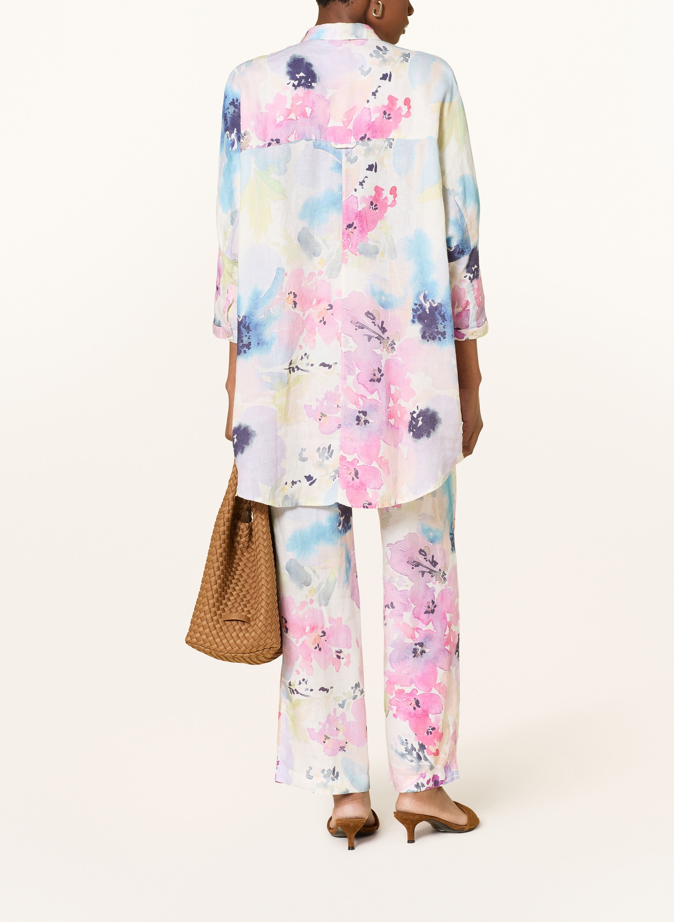 120%lino Linen shirt blouse with 3/4 sleeves: PINK / ECRU / BLUE