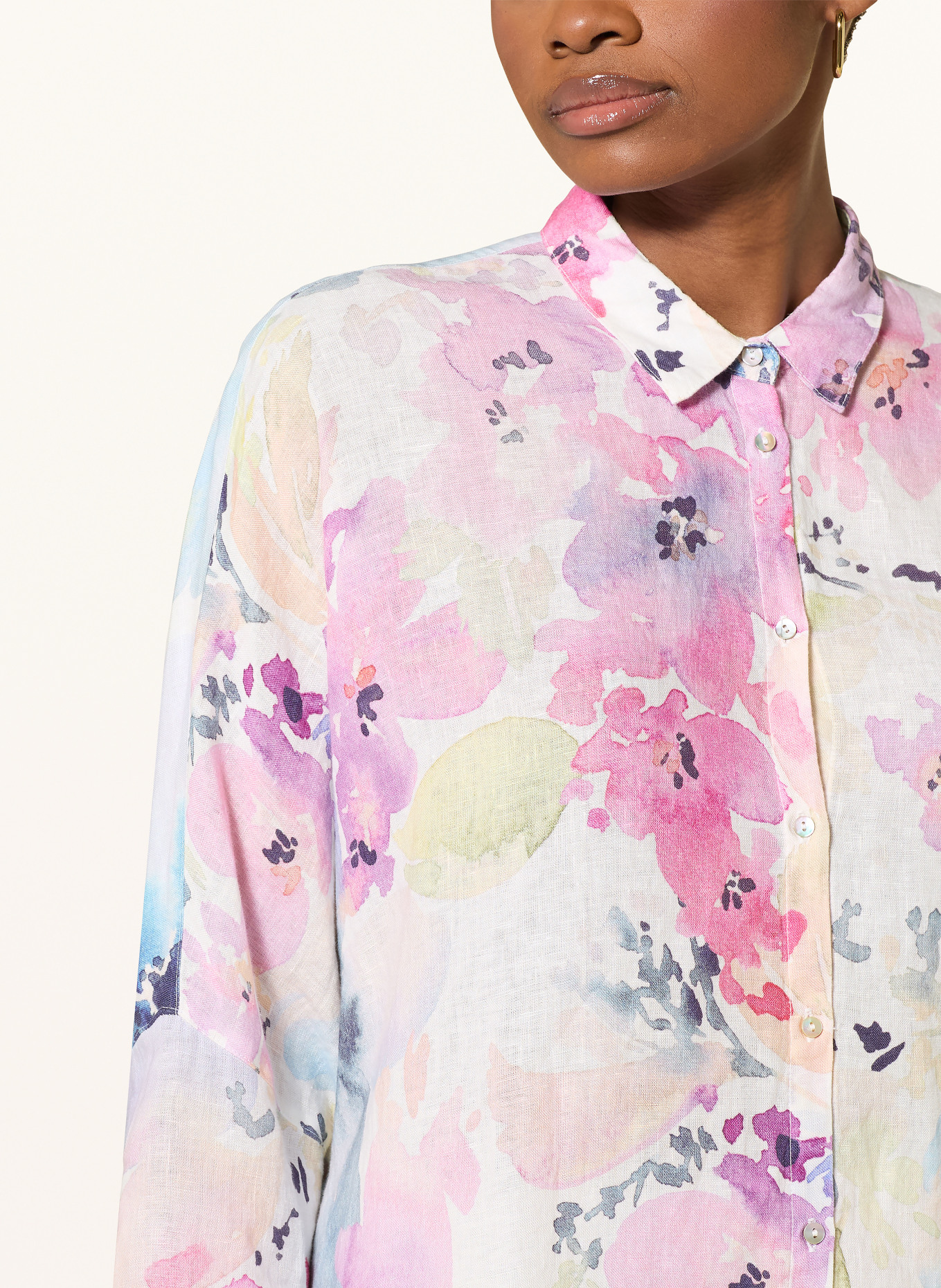 120%lino Linen shirt blouse with 3/4 sleeves: PINK / ECRU / BLUE