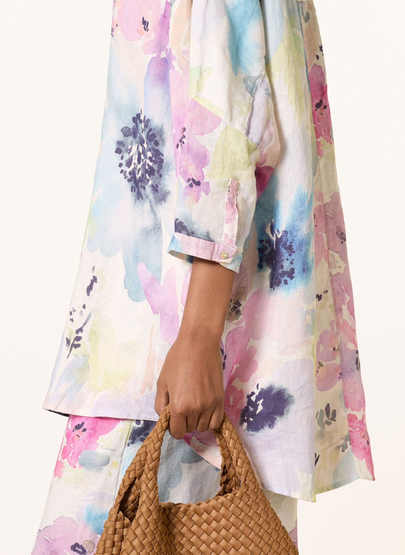 120%lino Linen shirt blouse with 3/4 sleeves: PINK / ECRU / BLUE