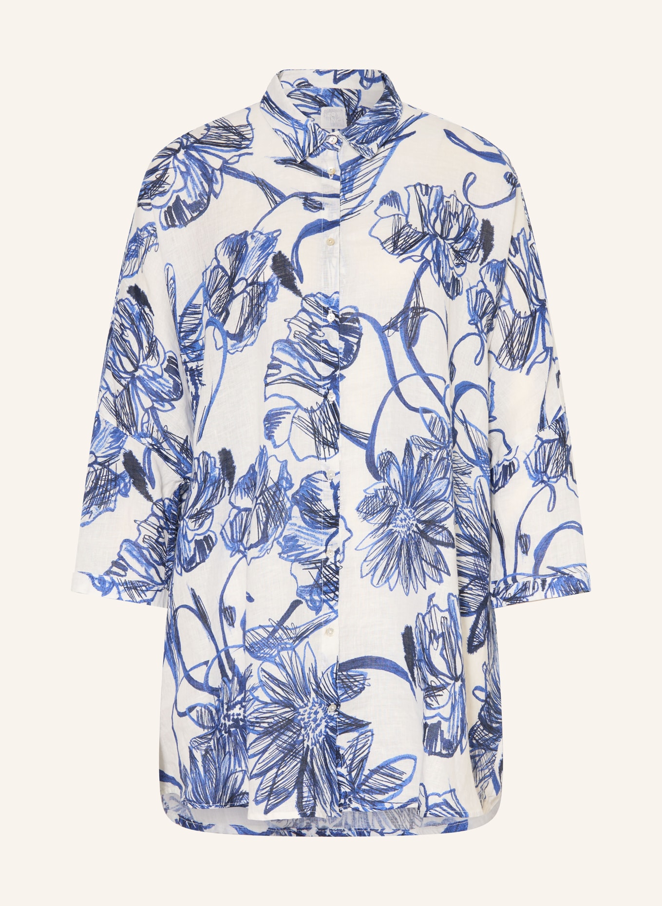 120%lino Linen shirt blouse with 3/4 sleeves: WHITE / DARK BLUE / BLUE