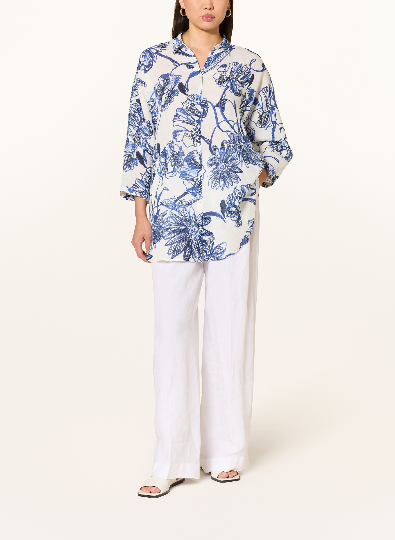 120%lino Linen shirt blouse with 3/4 sleeves: WHITE / DARK BLUE / BLUE