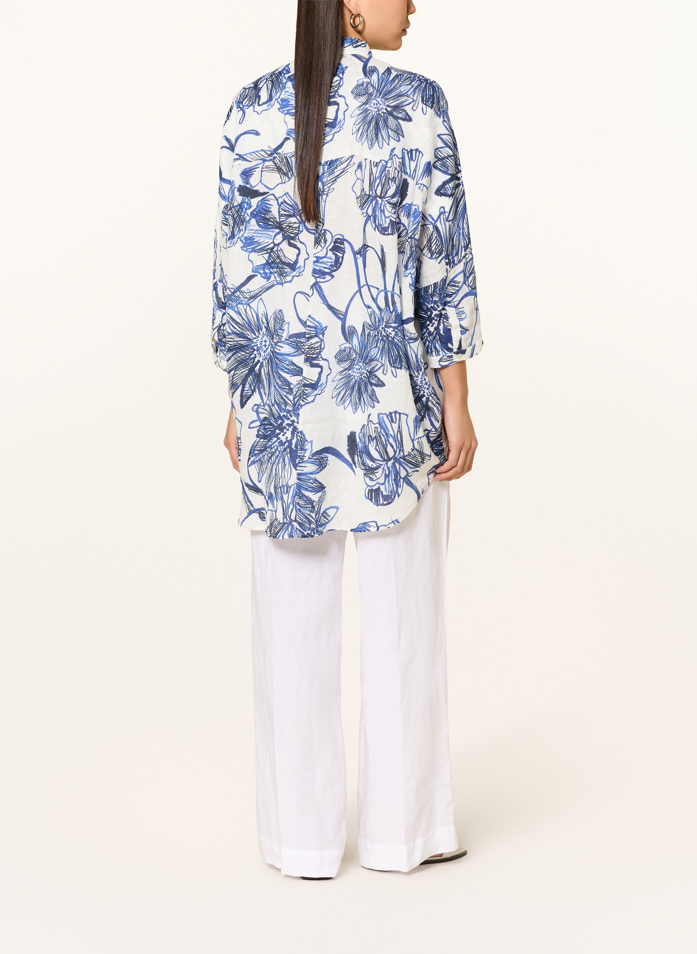 120%lino Linen shirt blouse with 3/4 sleeves: WHITE / DARK BLUE / BLUE