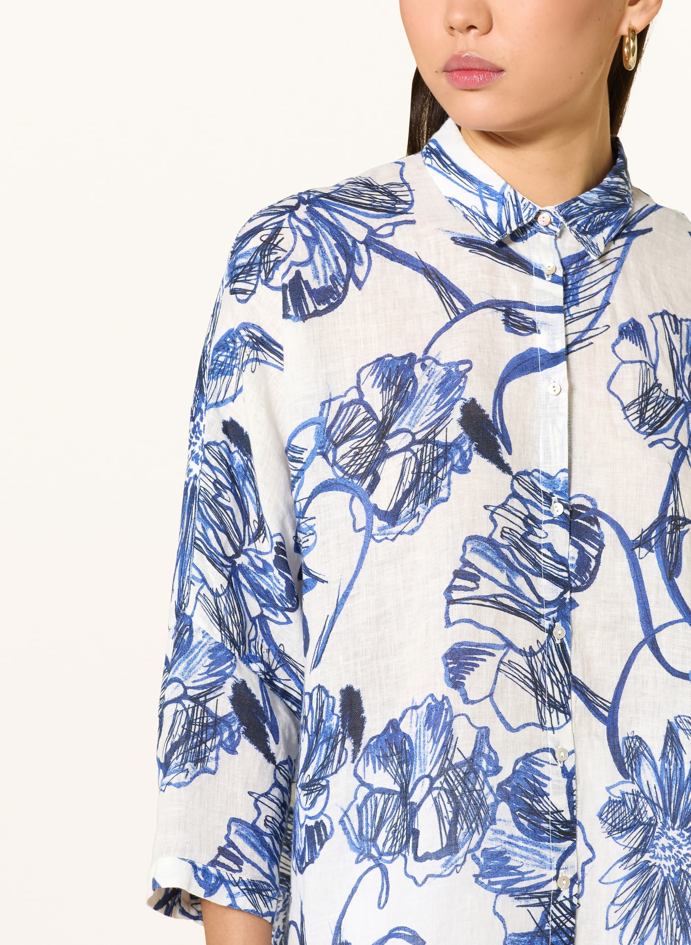 120%lino Linen shirt blouse with 3/4 sleeves: WHITE / DARK BLUE / BLUE