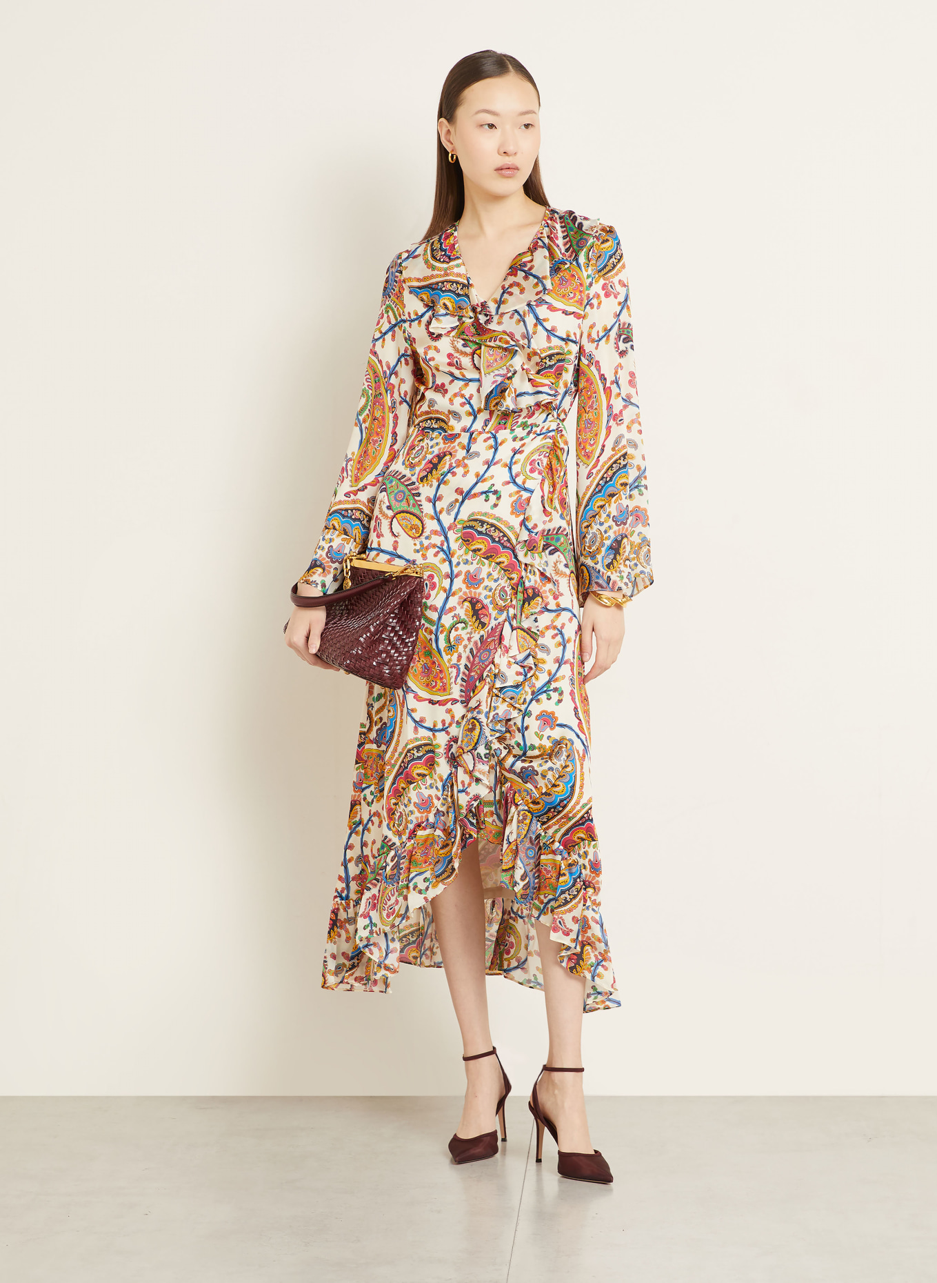 ETRO Silk wrap dress with flounces: CREAM / ORANGE / BLUE