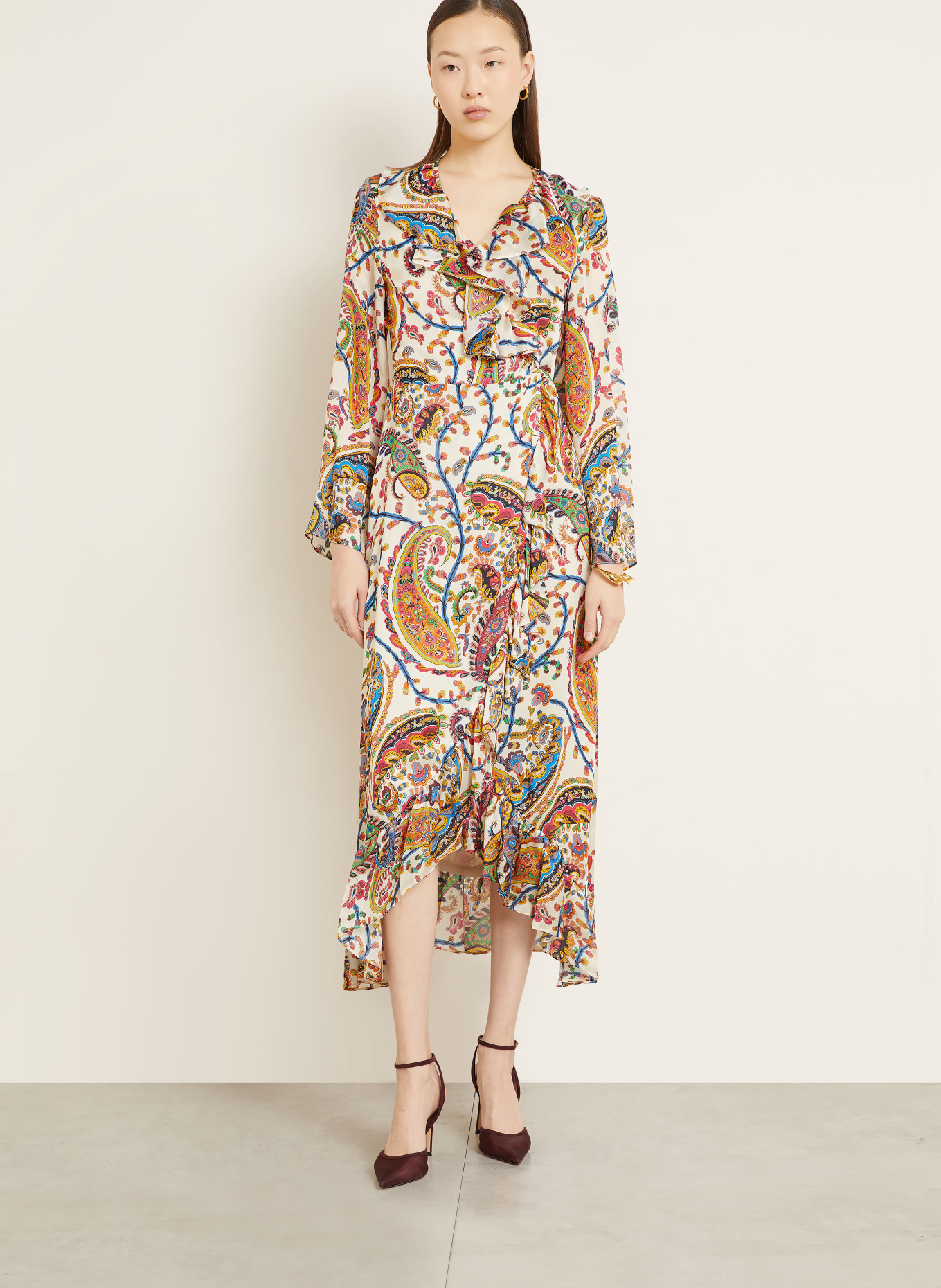 ETRO Silk wrap dress with flounces: CREAM / ORANGE / BLUE
