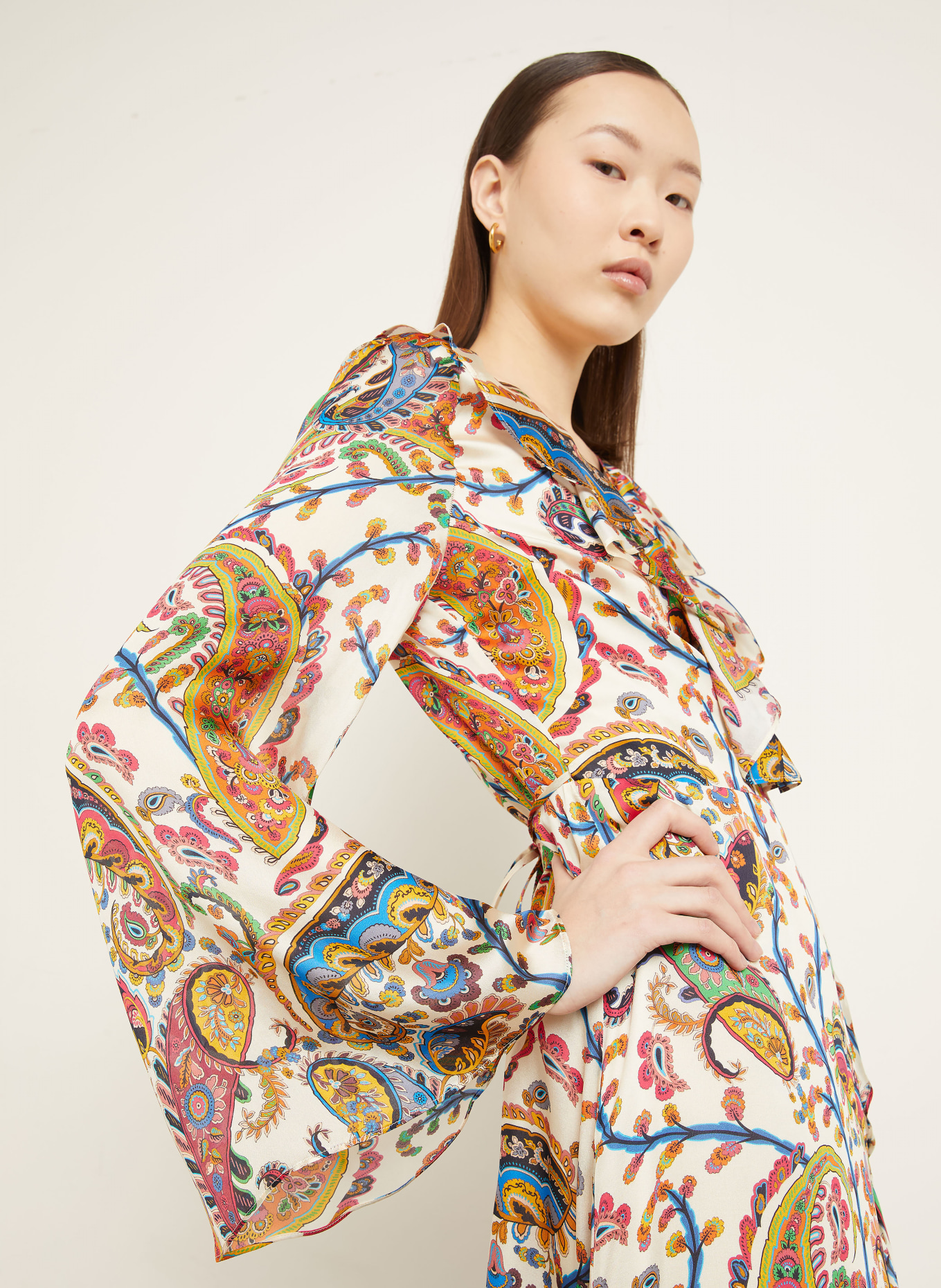 ETRO Silk wrap dress with flounces: CREAM / ORANGE / BLUE