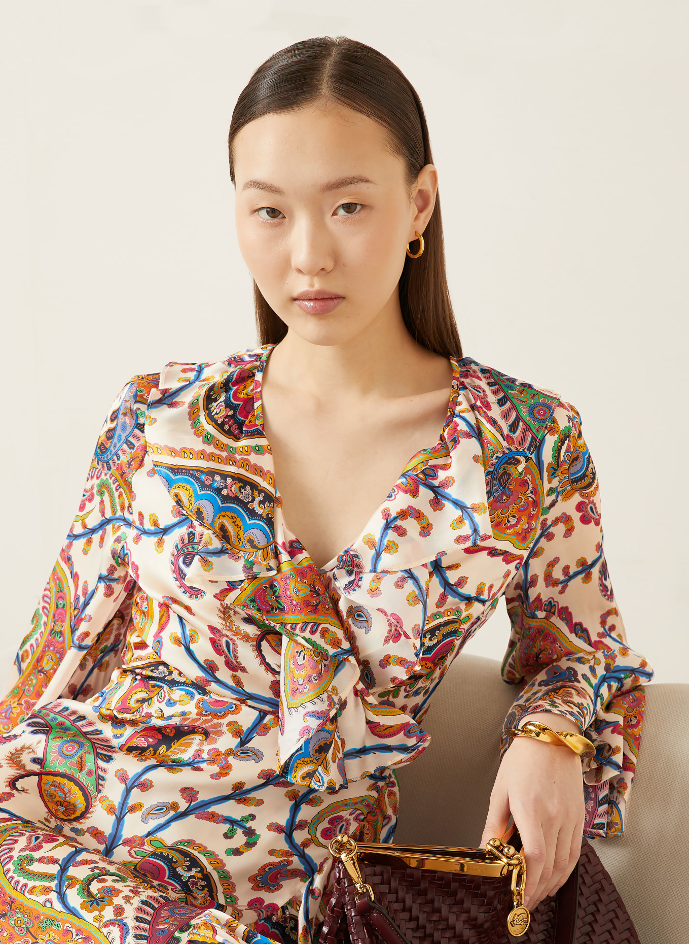 ETRO Silk wrap dress with flounces: CREAM / ORANGE / BLUE